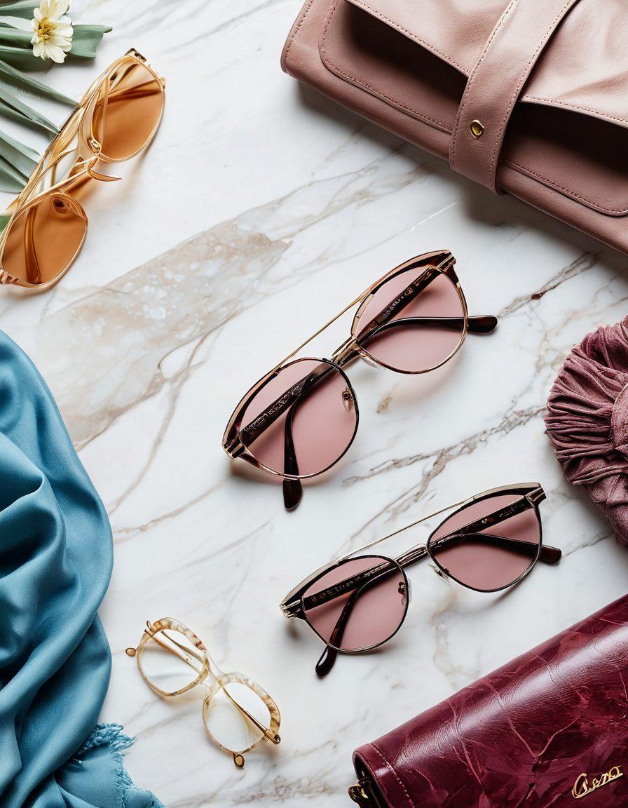 An elegant flat lay depicting a collection of chic Cazal eyewear on a luxurious marbled surface, surrounded by trending accessories like designer scarves, delicate jewelry, and a stylish handbag. Soft natural light highlights the intricate details and colors of the eyewear, creating an inviting atmosphere. Add a hint of floral elements for a touch of romance and warmth. vibrant colors. minimalistic style.