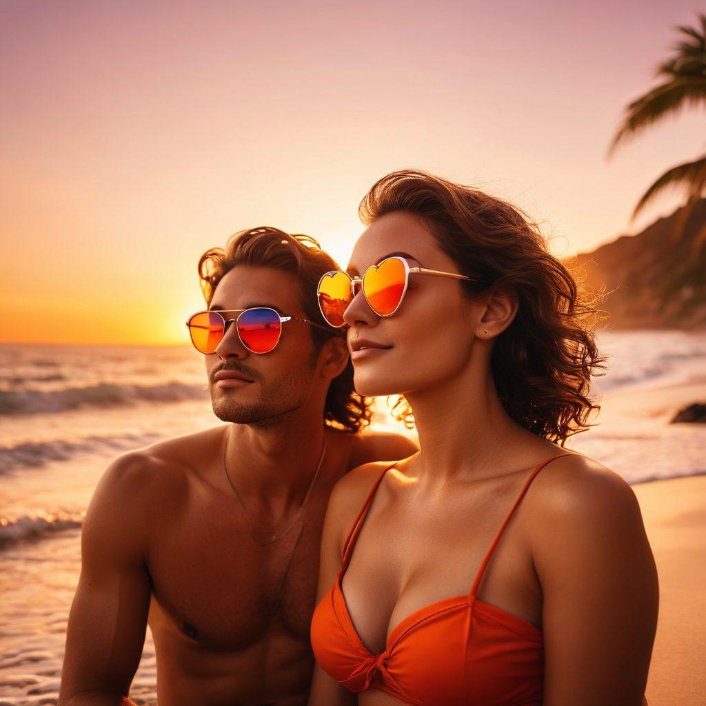 A couple enjoying a sunset on a picturesque beach, both wearing stylish designer sunglasses that reflect the warm hues of the sunset. The scene captures their romantic connection, with soft waves in the background and a sense of intimacy. The sunglasses display vibrant reflections of hearts and the ocean. super-realistic. vibrant colors. soft focus.