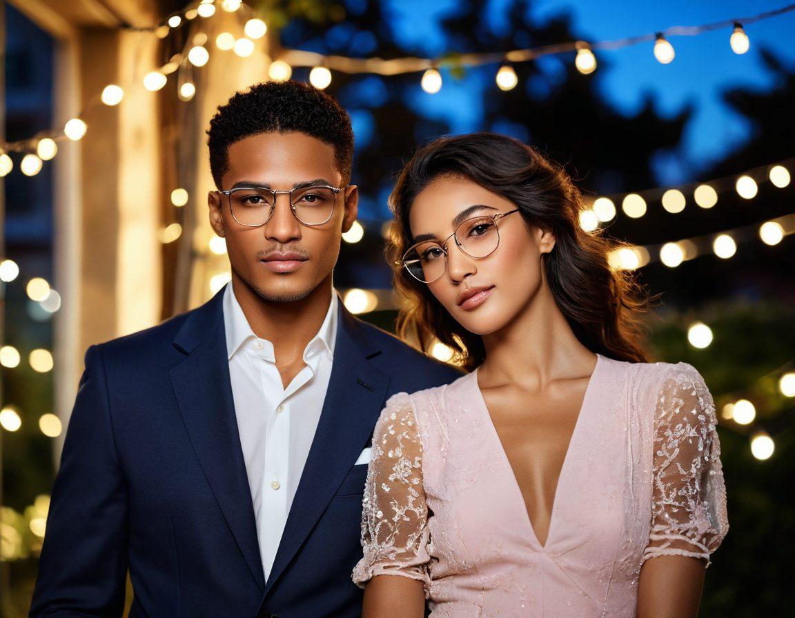 A stylish couple in an enchanting outdoor setting, wearing diverse, fashionable Cazal eyewear that enhances their romantic vibe. The background features soft, warm lighting with blooming flowers and delicate string lights, creating a dreamy atmosphere. Their affectionate gestures and confident poses showcase their unique eyewear as a symbol of love and style. The scene should evoke feelings of passion and elegance. vibrant colors. soft focus. romantic ambiance.